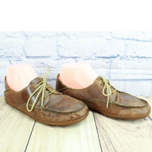 Olukai Heleuma Brown Leather Lace Up Comfort Casual Flat Loafer Shoes Size 7 - Picture 3 of 9